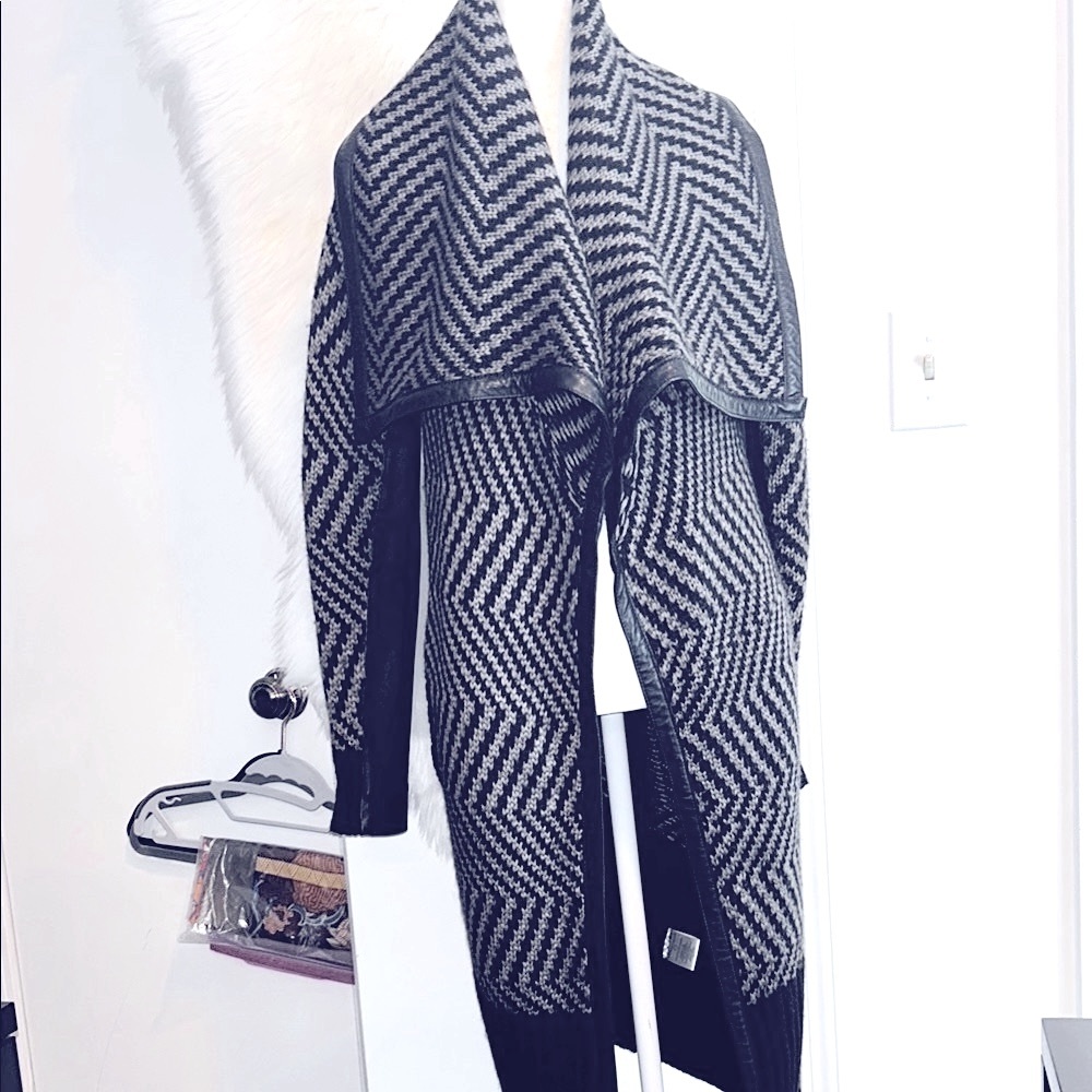 Line. Sweater Leather Knit Chevron Patterned Black & Gray 3/4